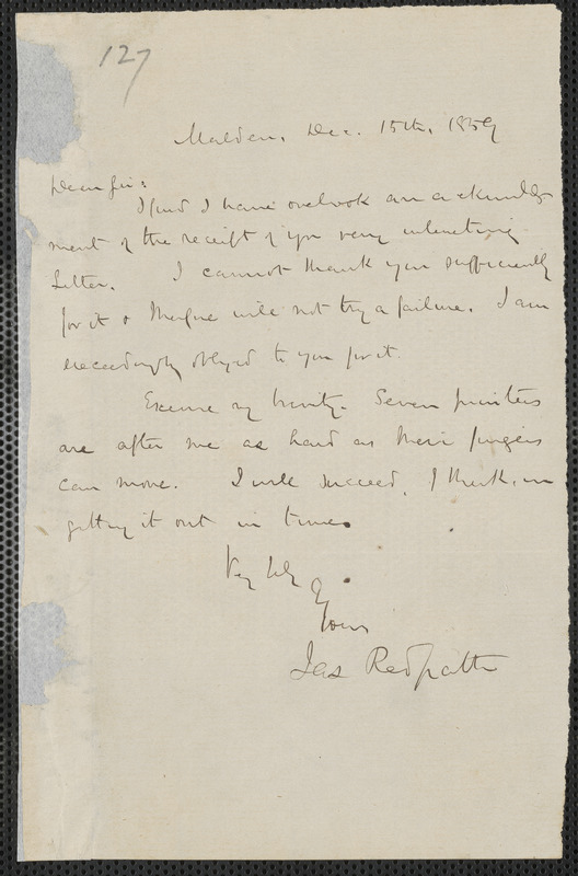 James Redpath autograph letter signed to Thomas Wentworth Higginson, Malden, 15 December 1859