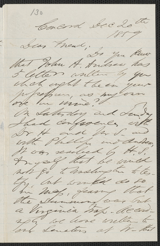 F. B. Sanborn autograph letter to [Thomas Wentworth Higginson], Concord, 20 December 1859