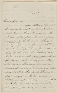 Annie Brown Adams autograph letter signed to Thomas Wentworth Higginson, [North Elba, N.Y.], 21 December [1859]