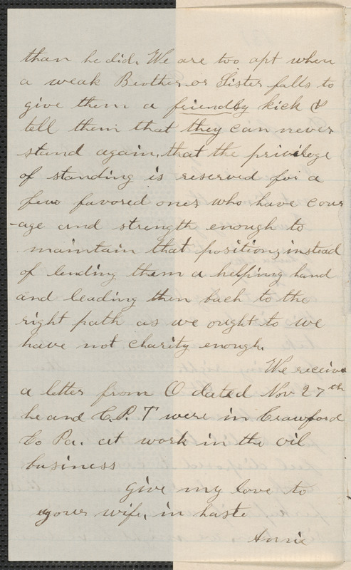 Annie Brown Adams autograph letter signed to Thomas Wentworth Higginson, [North Elba, N.Y.], 21 December [1859]