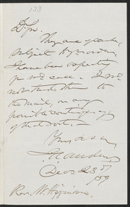 John Albion Andrew autograph note signed to Thomas Wentworth Higginson, 23 December [18]59