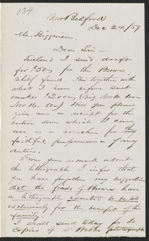 Henry B. Clarke autograph letter signed to Thomas Wentworth Higginson, New Bedford, 24 December [18]59