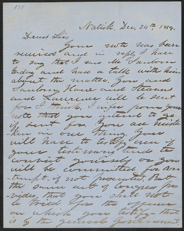 Henry Wilson autograph letter signed to Thomas Wentworth Higginson, Natick, 24 December 1859