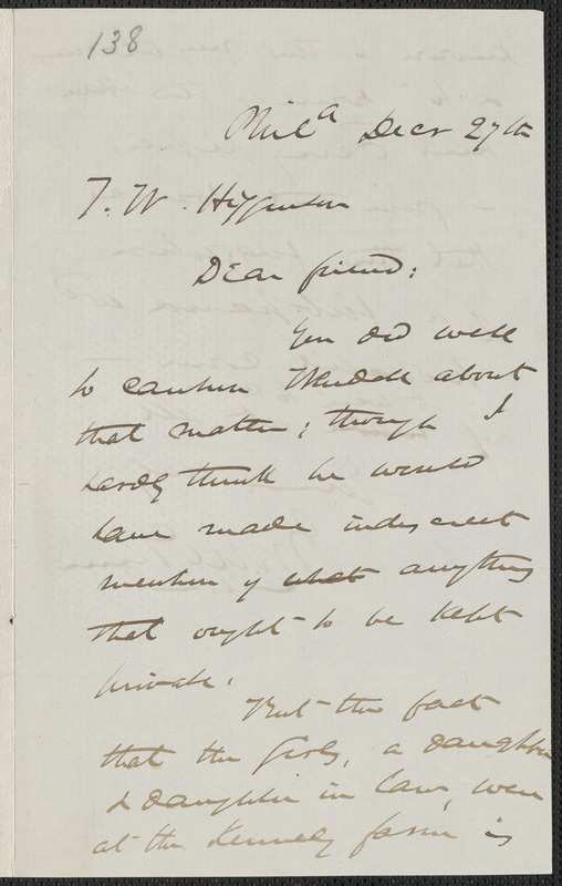 James Miller M’Kim autograph letter signed to Thomas Wentworth Higginson, Phila[delphia], 27 December [1859]