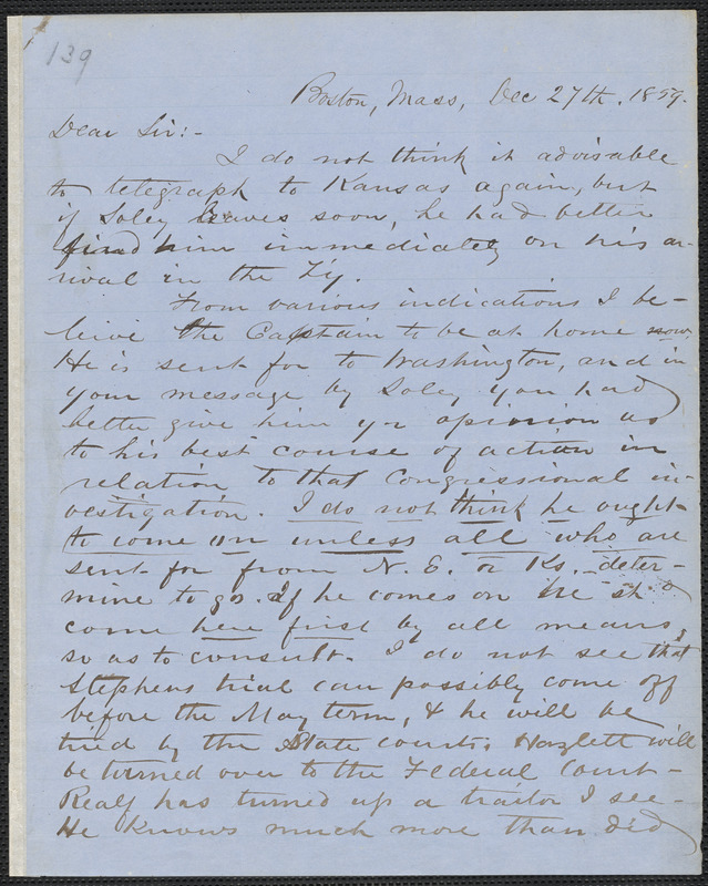 Richard J. Hinton autograph letter signed to Thomas Wentworth Higginson, Boston, 27 December 1859