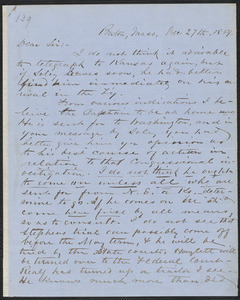 Richard J. Hinton autograph letter signed to Thomas Wentworth Higginson, Boston, 27 December 1859
