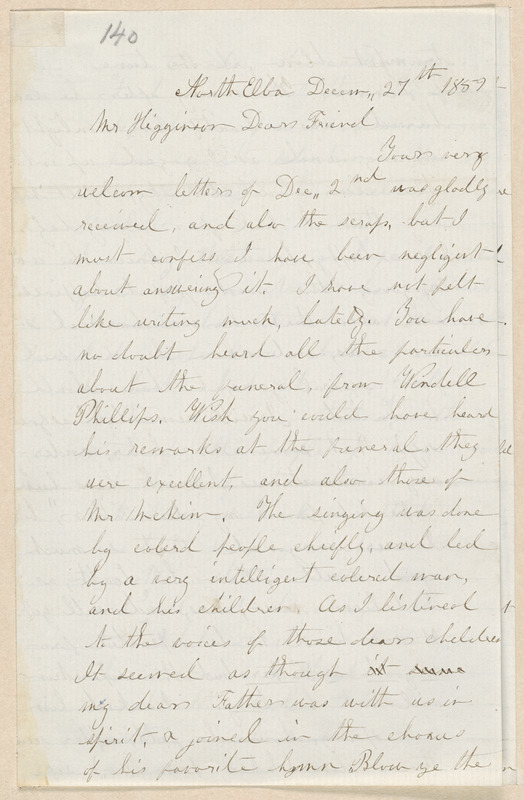 Ruth Brown Thompson autograph letter signed to Thomas Wentworth Higginson, North Elba, [N.Y.], 27 December 1859