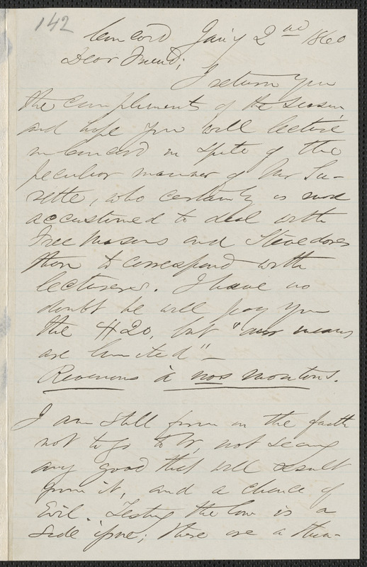 F. B. Sanborn autograph letter signed to [Thomas Wentworth Higginson], Concord, 2 January 1860