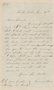 Annie Brown Adams autograph letter signed to Thomas Wentworth Higginson, North Elba, [N.Y.], 11 January [1860]