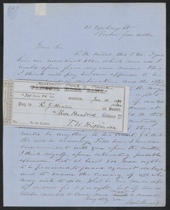 John W. LeBarnes autograph letter signed to [Thomas Wentworth Higginson], Boston, 11 January 1860