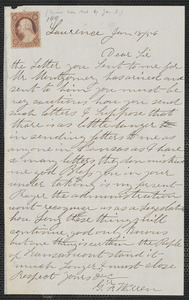G. F. Warren autograph letter signed to [Thomas Wentworth Higginson], Lawrence [Kansas], 18 January [1860]