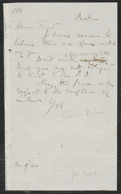 James Redpath autograph note to [Thomas Wentworth Higginson], Boston, [19 January 1860]