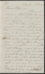 Stephen J. Willis autograph letter signed to Thomas Wentworth Higginson, Troy [N.Y.], 19 January 1860