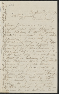 Rebecca Buffum Spring autograph letter signed to [Thomas Wentworth Higginson], Eagleswood [Perth Amboy, N.J.], 19 January [1860]