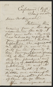 Marcus Spring autograph letter signed to Thomas Wentworth Higginson, Eagleswood, Perth Amboy N.J., 20 January 1860