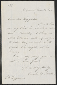 Sarah Elizabeth Sanborn autograph note signed to Thomas Wentworth Higginson, Concord, 23 January [18]60