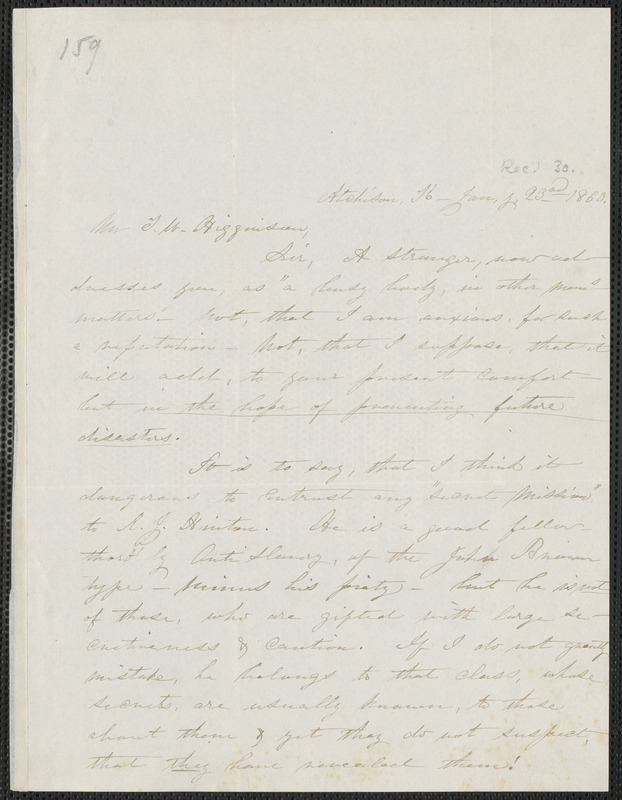 Lucy Gaylord Pomeroy autograph letter signed to Thomas Wentworth Higginson, Atchinson K[ansas], 23 January 1860