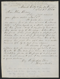 James Montgomery autograph letter signed to [Thomas Wentworth Higginson], Mound City, Sim Co., Kans[as], 1 February 1860