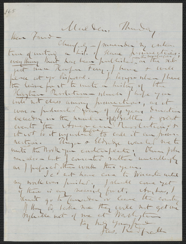 James Redpath autograph letter signed to [Thomas Wentworth Higginson], Malden