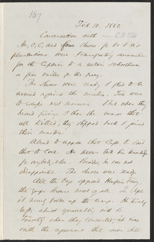 Thomas Wentworth Higginson manuscript memorandum of a conversation with Charles Plummer Tidd, 10 February 1860