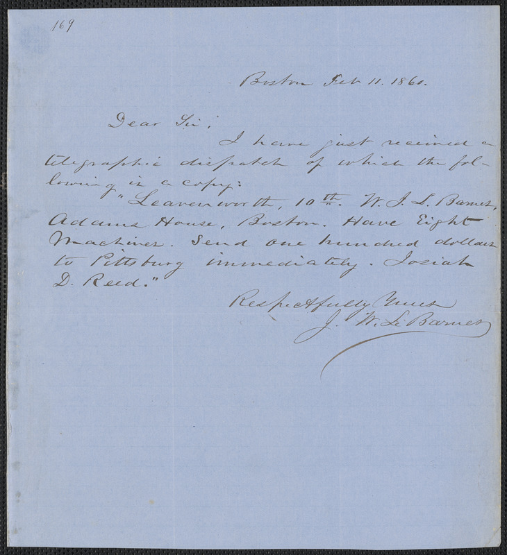 John W. LeBarnes autograph letter signed to [Thomas Wentworth Higginson], Boston, 11 February 1860