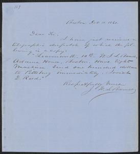 John W. LeBarnes autograph letter signed to [Thomas Wentworth Higginson], Boston, 11 February 1860