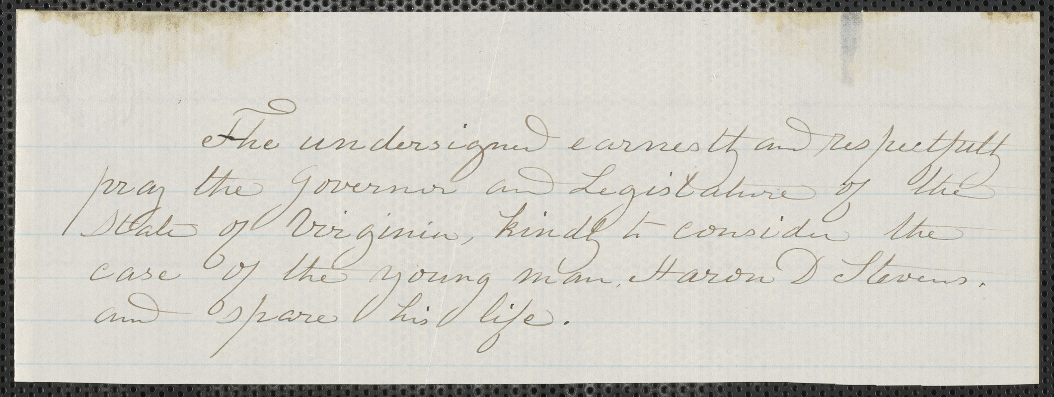 Rebecca Buffum Spring autograph document to the Governor and Legislature of the State of Virginia, 10 February [1860]