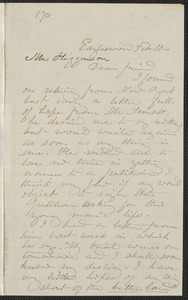 Rebecca Buffum Spring autograph letter signed to Thomas Wentworth Higginson, Eagleswood [Perth Amboy, N.J.], 10 February [1860]