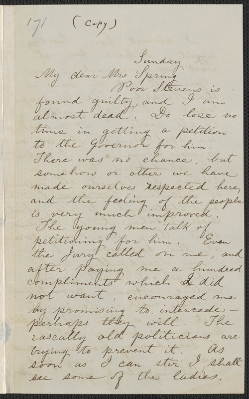 George Sennott letter to Mrs. Rebecca Buffum Spring, [approximately February 1860]