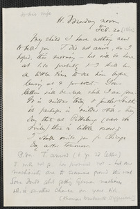 Thomas Wentworth Higginson autograph letter to [Mrs. Mary Elizabeth Channing Higginson, Harrisburg, PA], 20 February [1860]