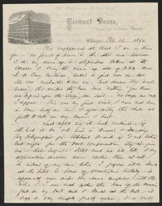 Thomas Wentworth Higginson autograph letter to [Mrs. Mary Elizabeth Channing Higginson], Chicago, 23 February 1860
