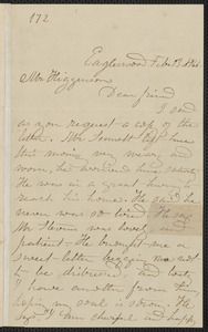 Rebecca Buffum Spring autograph letter signed to Thomas Wentworth Higginson, Eagleswood [Perth Amboy, N.J.], 13 February [1860]