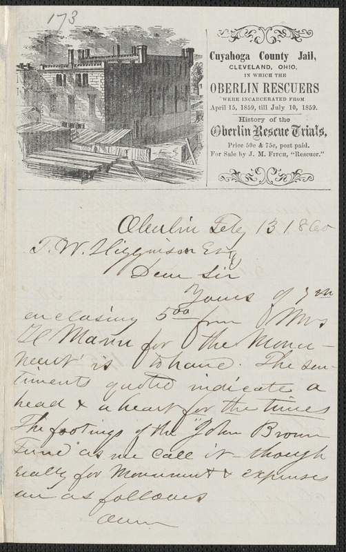 James M. Fitch autograph letter signed to Thomas Wentworth Higginson, Oberlin [Ohio], 13 February 1860