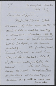 Samuel May Jr. autograph letter signed to Thomas Wentworth Higginson, Boston, 16 February [18]60