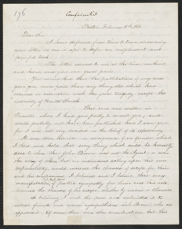 S. G. Howe letter signed to [Thomas Wentworth Higginson], Boston, 16 February 1860