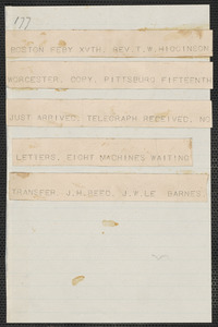 John W. LeBarnes telegram to Thomas Wentworth Higginson, Boston, 15 February [1860]