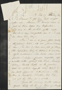 Thomas Wentworth Higginson autograph letter to [Mrs. Mary Elizabeth Channing Higginson, Harrisburg, PA], 17 February [1860]