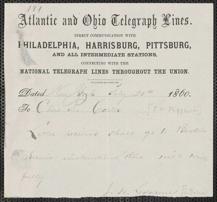 John W. LeBarnes telegram to [Thomas Wentworth Higginson], New York, 20 February 1860