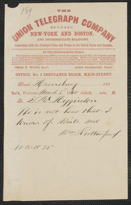 William W. Rutherford telegram to Thomas Wentworth Higginson, Harrisburg, [PA], 2 March 1860