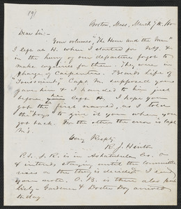 Richard J. Hinton autograph letter signed to [Thomas Wentworth Higginson], Boston, 7 March [18]60