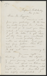 Edward Adolphus Spring autograph letter signed to Thomas Wentworth Higginson, Eagleswood, Perth Amboy [N. J.], 9 and 10 March 1860