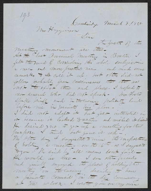 J. H. Fowler autograph letter signed to Thomas Wentworth Higginson, Cambridge, 9 March 1860