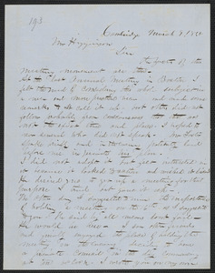 J. H. Fowler autograph letter signed to Thomas Wentworth Higginson, Cambridge, 9 March 1860