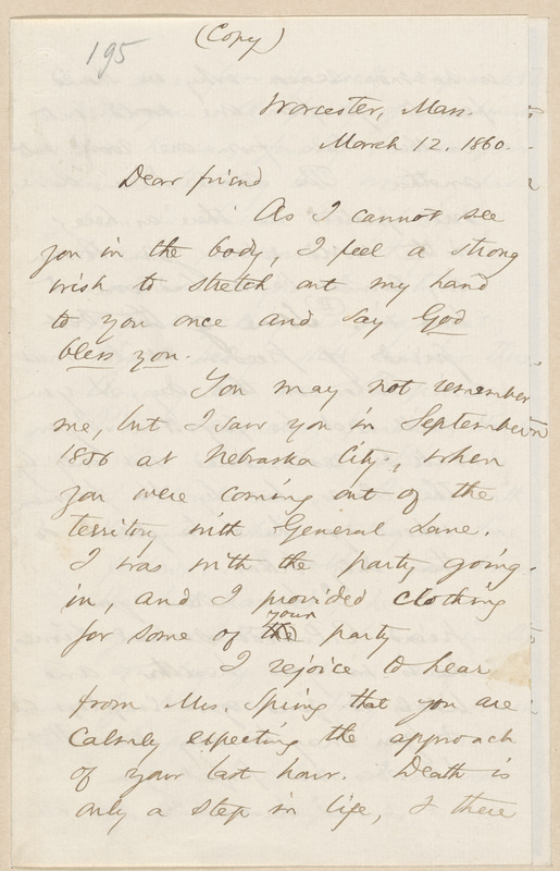 Thomas, Wentworth Higginson autograph letter signed to [Aaron Dwight Stevens, Worcester], 12 March 1860