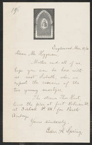 Edward Adolphus Spring autograph letter signed to Thomas Wentworth Higginson, Eagleswood, [Perth Amboy, N.J.], 11 March [18]60