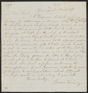 Moses Varney autograph letter signed to [Thomas Wentworth Higginson, Springdale Iowa], 18 March [18]60