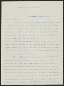 Caroline Cushing Andrews Leighton typed letter to Thomas Wentworth Higginson, [Eagleswood Perth Amboy, N.J.], 29 March [18]60