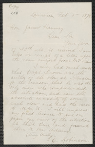 Charles Robinson letter to James Hannay, Lawrence, [Kansas], 5 February 1878