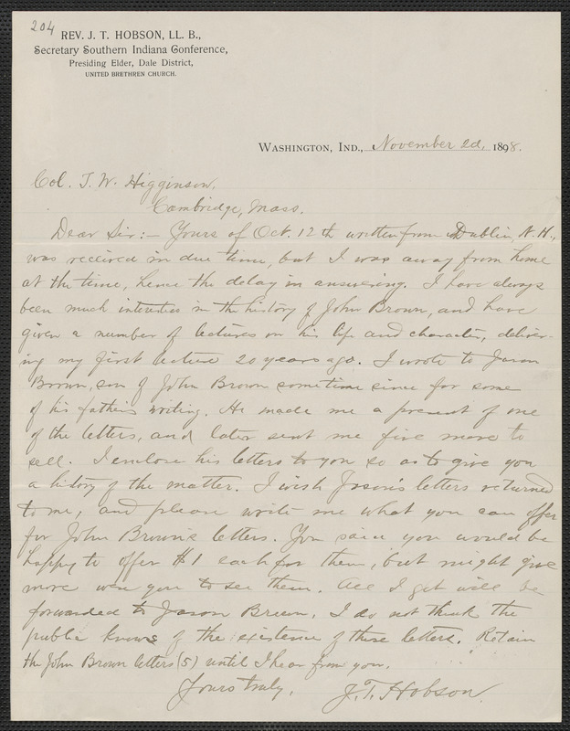 J. T.  Hobson autograph letter signed to Thomas Wentworth Higginson, [Washington, Ind.], 2 November 1898