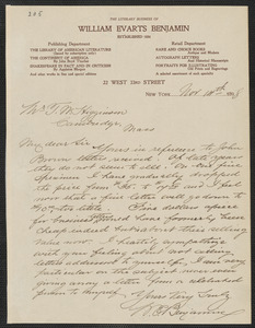 William Everts Benjamin autograph letter signed to Thomas Wentworth Higginson, New York, 14 November 1898